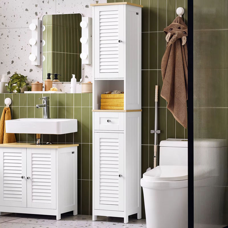 SoBuy Badezimmer-Hochschrank FRG236 in Weißnatur mit 1 offenem Fach, 1 Schublade und Türen, H: 170,0 cm, B: 32,0 cm, T: 15,5 cm - Bild 6