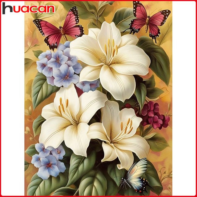 Huacan Diamantstickerei Set mit Lilien und Schmetterlingen, rundes Diamantgemälde in Multicolour, Durchmesser: 30 cm - Bild 1