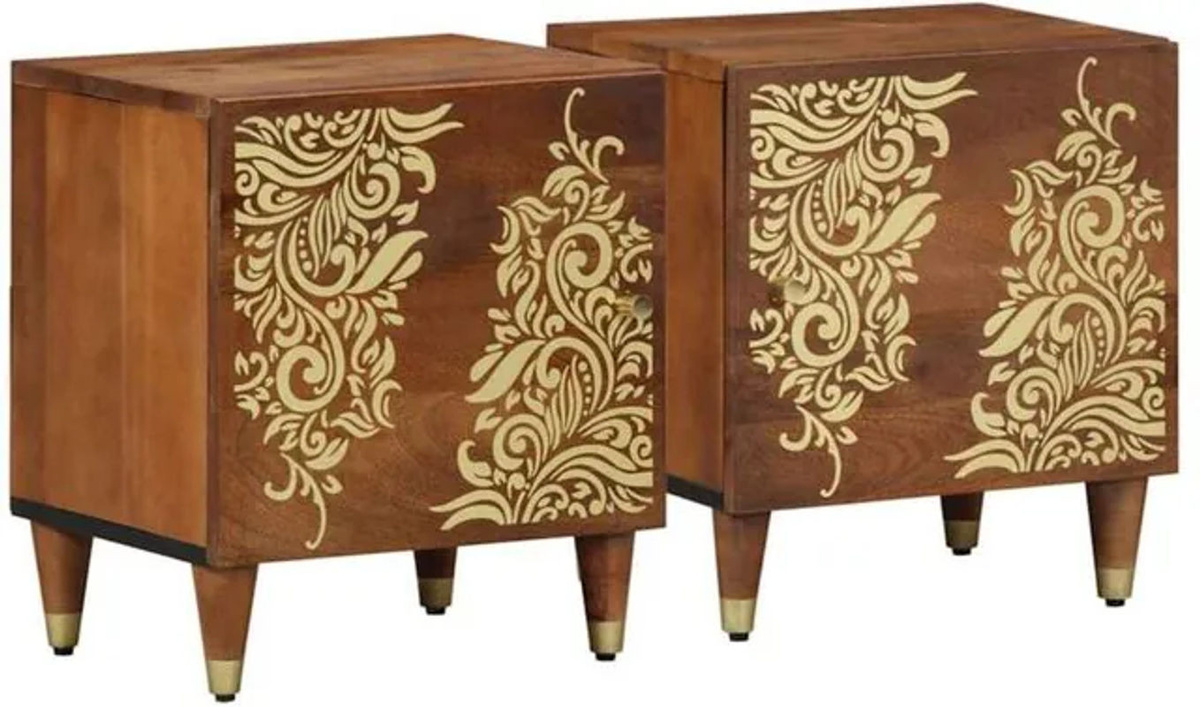 vidaXL Nachttisch Honey in Braun aus Massivholz im Modern Bohemian Stil mit dekorativen Intarsien, B/T/H: 46 x 40 x 33 cm - Bild 1