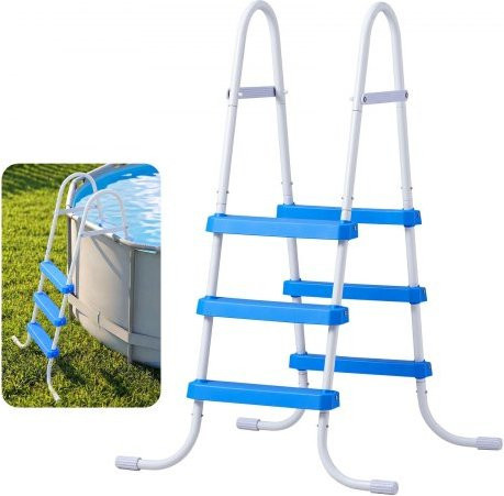 VEVOR Aufblasbarer Poolleiter A-Rahmen aus Stahl mit 3 Stufen für 91,4 cm hohe Poolwände, Tragkraft 136 kg, rutschfest und stabil, Weiß & Blau - Bild 1