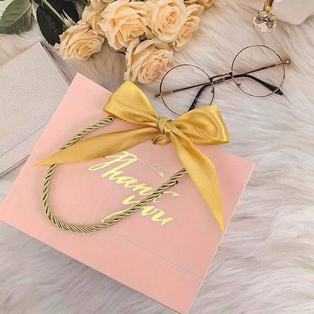 ZSY Geschenktüten aus Papier mit Aufschrift Thank You und Griffen, 6 Stück, Rosa - Bild 1