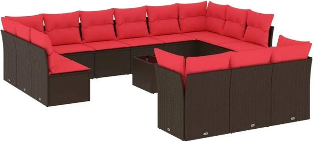 vidaXL 14-tlg. Gartensofa-Set in U-Form mit Kissen und Couchtisch, Polyrattan und Metall, Braun - Bild 1