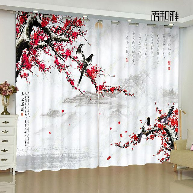 Yiran Furniture Transparente Vorhänge mit chinesischem Landschafts- und Blumenmuster, 2er-Set, B: 140 cm, H: 160 cm - Bild 1