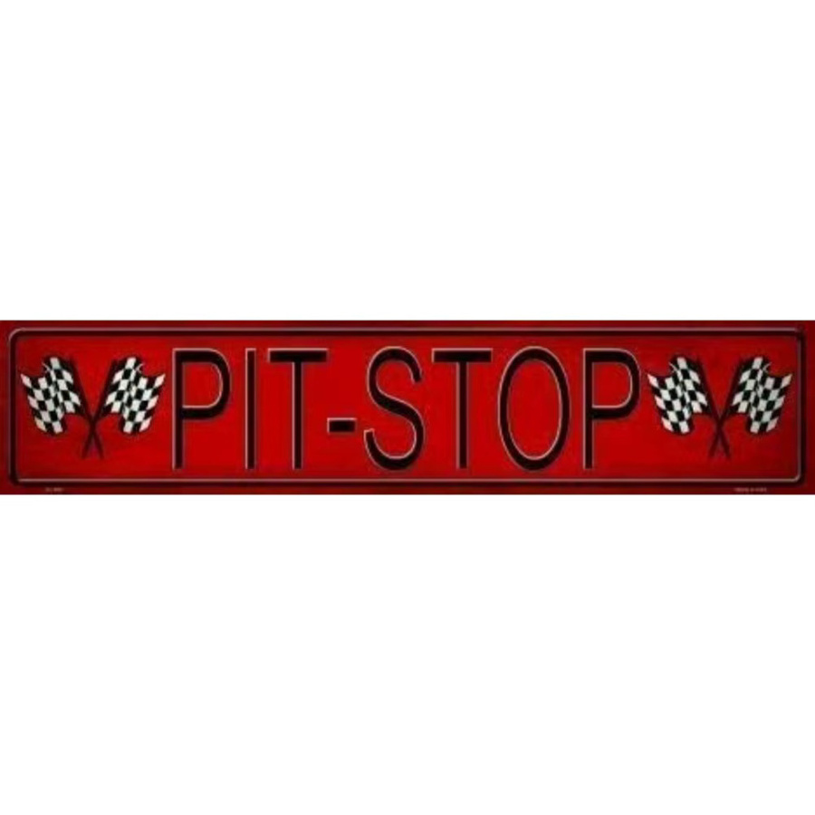 Hello Young Retro Vintage Pit Stop Metallstraßenschild mit karierten Flaggen in Rot und Schwarz, B: 40 cm, H: 10 cm, T: 1 cm - Bild 2
