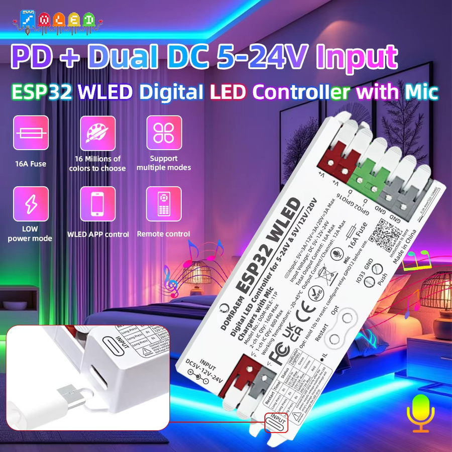 DOMRAEM ESP32 WLED Controller mit digitalem Mikrofon für Musik-Synchronisation, PD Power, Dual 5-24V DC Eingang und 16A Sicherung, kompatibel mit WS2811 RGBIC LED-Streifen - Bild 2