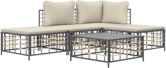 vidaXL 5-tlg Garten-Lounge-Set in L-Form aus Poly Rattan und pulverbeschichtetem Stahl mit Kissen in Anthrazit und Beige - Bild 1