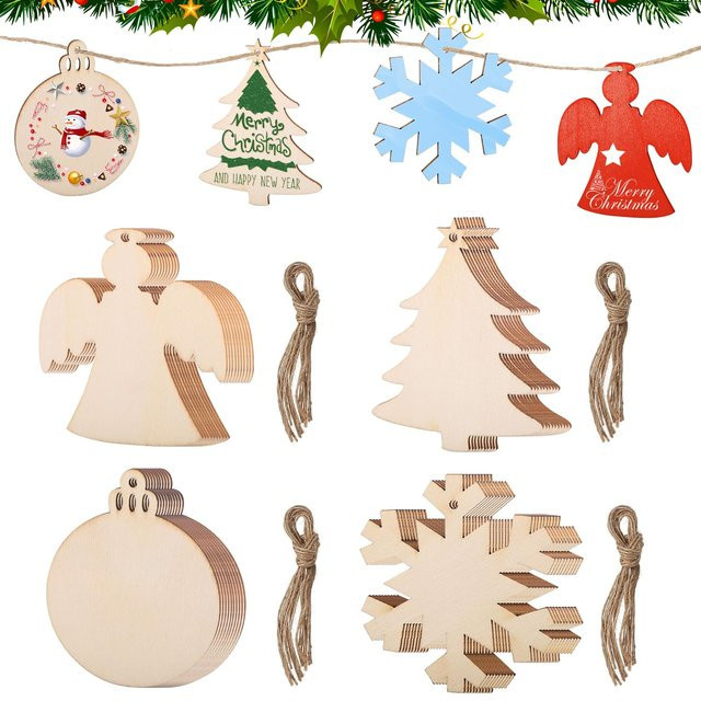 40 Stück Weihnachtsbaumschmuck aus Holz mit 4 Motiven und Hängeseilen - Bild 1