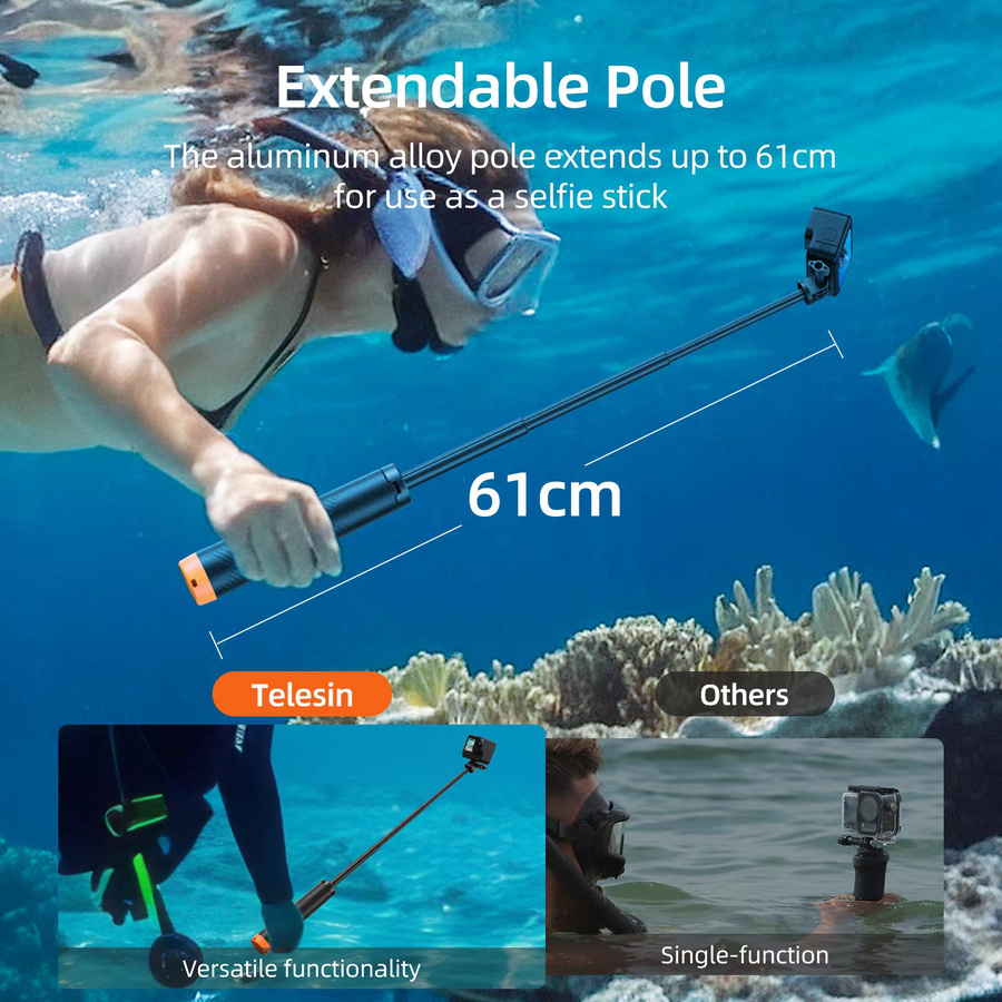 TELESIN Unterwasser-Schwimmstab als ausziehbarer Selfie-Stick und Stativ in Schwarz für GoPro, Insta360 und DJI Action Kameras - Bild 4
