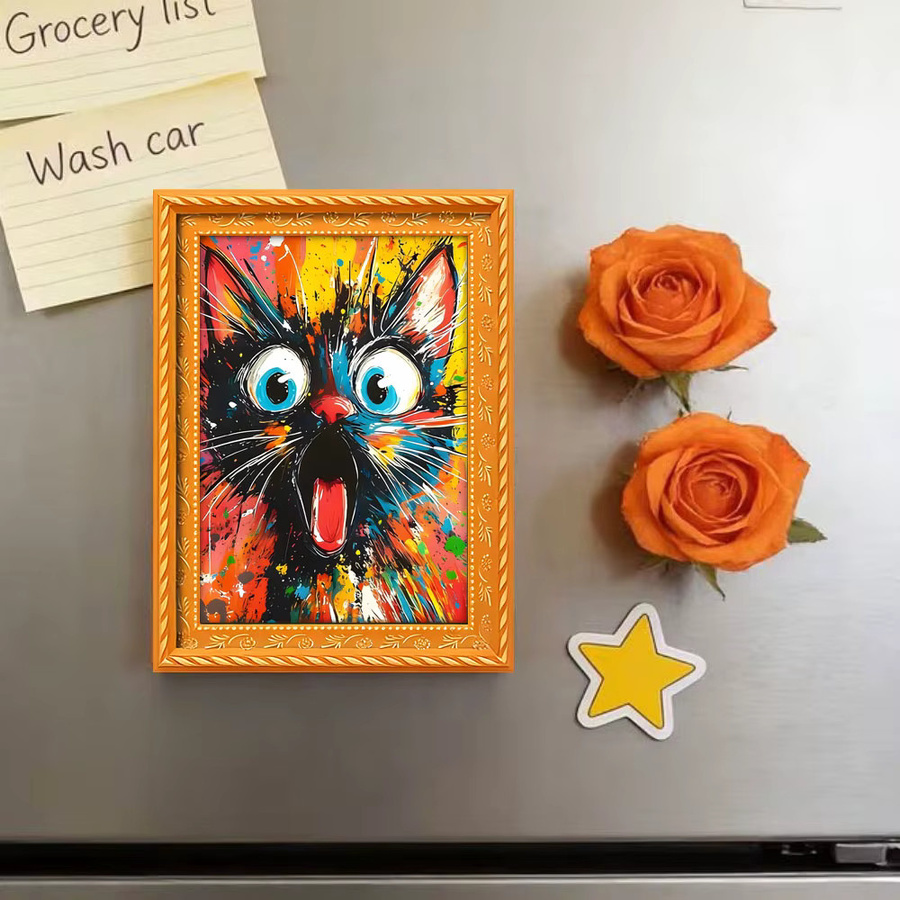 Abstrakter Comic-Katzen-Kühlschrankmagnet aus Holz in Multicolour als Mini-Fotorahmen zur Wanddekoration - Bild 2