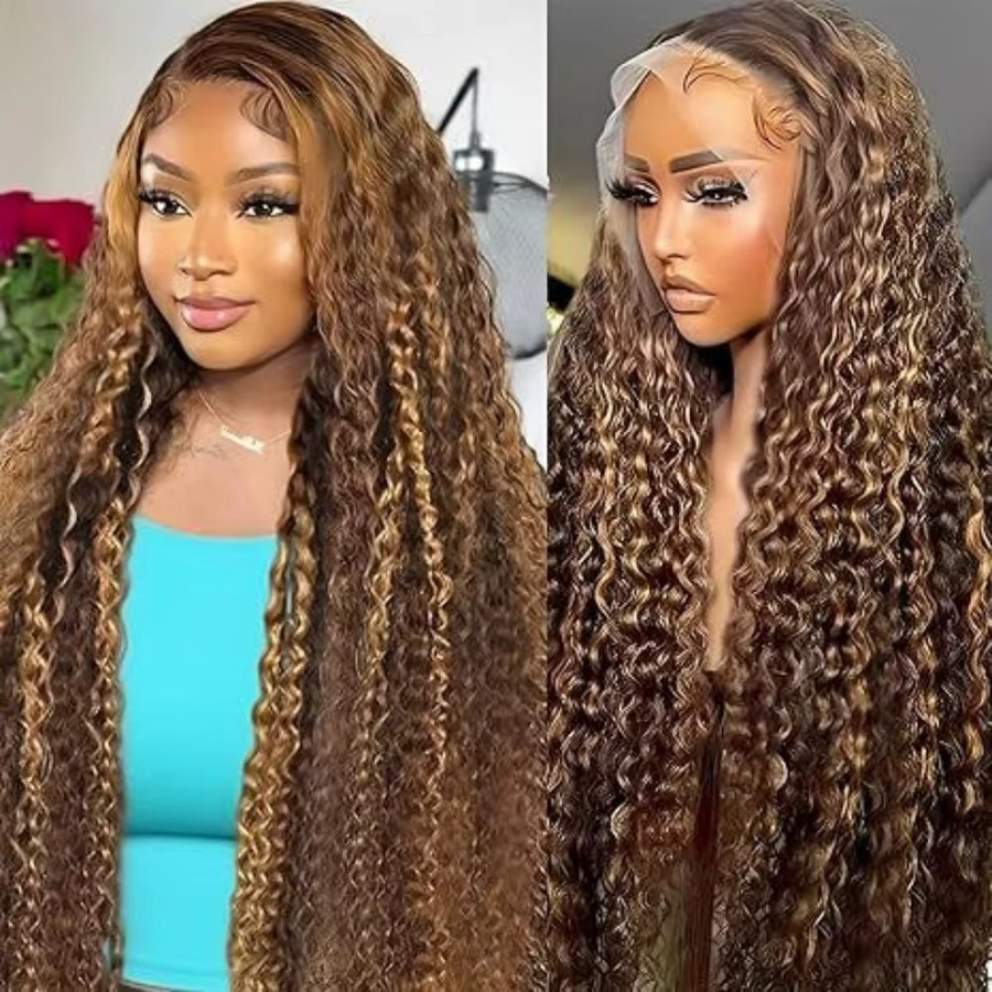 Highlight Ombre Deep Wave Lace Front Perücke aus Echthaar, 26 Zoll, Honigblonde, 200% Dichte, Damen - Bild 2