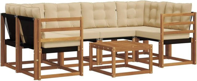 vidaXL Outdoor-Sofagarnitur 7-teilig aus Akazienholz mit Textilene und Kissen in Natur und Beige - Bild 1
