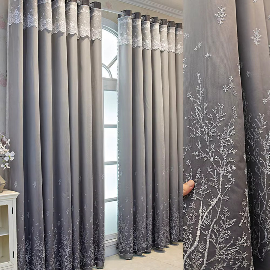 CENTURyMiG Luxus Verdunkelungsvorhänge aus silberfarbener Seide mit floraler Stickerei und Spitze, doppellagig, Breite: 200 cm, Höhe: 200 cm - Bild 2
