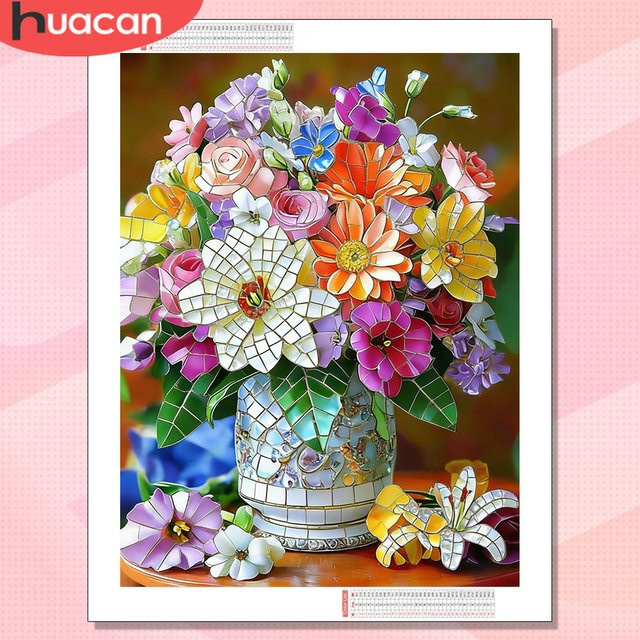 HUACAN Diamantmalerei Blumen-Mosaik 5D DIY Kunst Wanddekoration mit Rosen, Lilien und Gänseblümchen, Mehrfarbig, Rund, Breite: 20 cm, Tiefe: 20 cm, Höhe: 30 cm - Bild 1