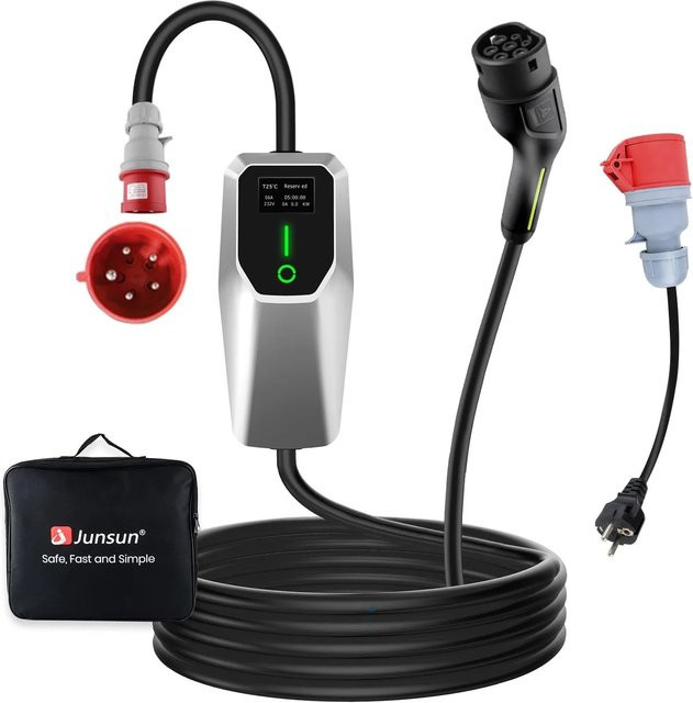 Junsun EV Ladegerät 11kW mit 5m Type 2 Kabel, 3-phasig, 8-16A, inklusive Adapter, Farbe: Silber - Bild 1