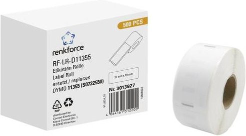 Renkforce Etikettenrolle Weiß aus Papier, kompatibel mit DYMO 11355, 500 Stück, B: 51 mm, H: 19 mm, permanent haftend und universell einsetzbar - Bild 1