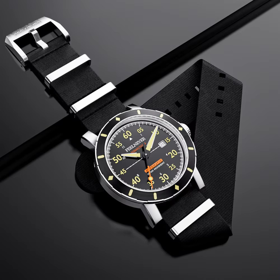Feelnever Armbanduhr Automatik, Saphirglas, Textil/NATO, Herren, Schwarz - Bild 2