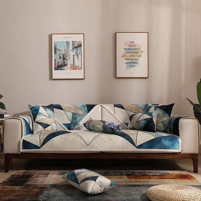 BC-Warm Home Rutschfester Sofabezug mit geometrischem Gittermuster in Blau für Ecksofas und Wohnzimmer - Bild 1