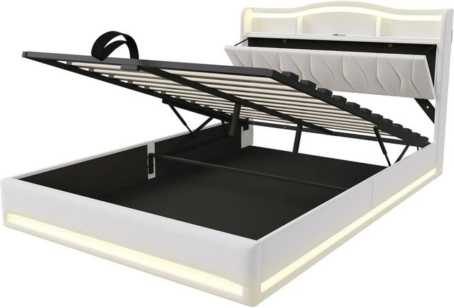 PXloue Polsterbett aus Samt mit LED-Beleuchtung, USB-Ladefunktion und Lift-up-Funktion, B/T/H: 160 x 200 x 105,5 cm - Bild 1