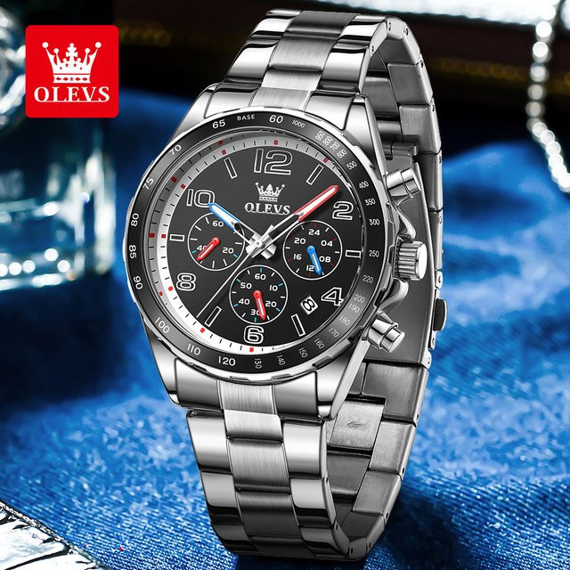 Olevs Chronograph, Quarz, Edelstahl, 42 mm, Herren, Schwarz - Bild 1