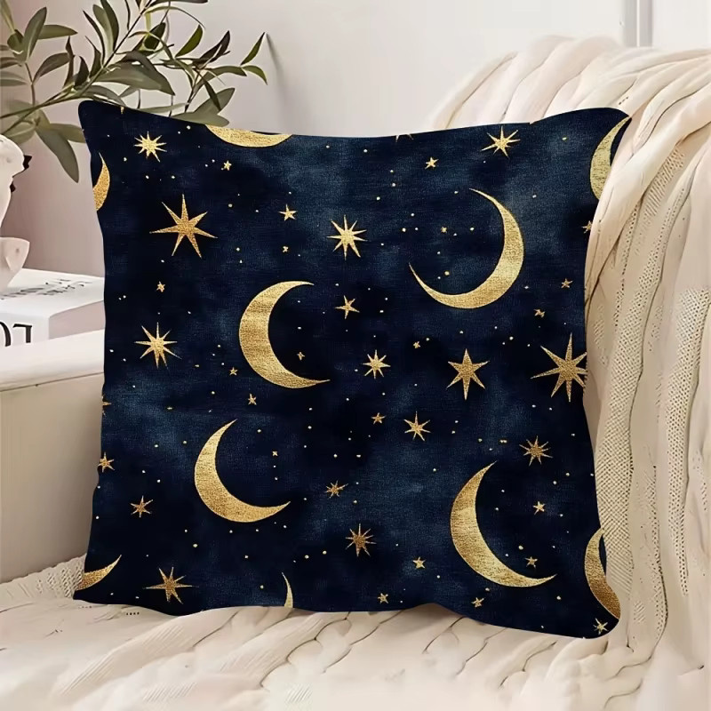 VIKAMA Dekokissen mit goldenem Halbmond- und Stern-Design in Blau und Gold, quadratisch, 45 x 45 cm - Bild 4