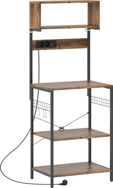 HOMCOM Küchenregal aus Stahl in Rustikal-Braun, Standregal mit 5 Ablagen, 5 S-Haken und integrierter Steckdose, Kaffeebar im Industriestil, B/T/H: 60 x 42 x 153 cm - Bild 1