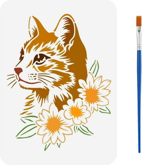 Katzen-Malschablone mit Pinsel und Blumenmuster als DIY-Zeichnungsvorlage, B: 21,6 cm, H: 29,2 cm - Bild 1