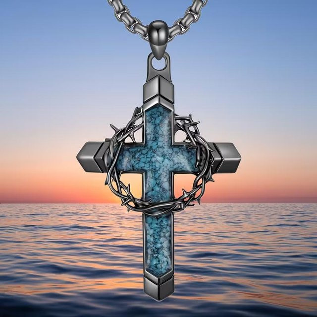 Anhänger Halskette Vintage, Türkis Kreuz, Dornenkrone, Schwarz, Unisex - Bild 1