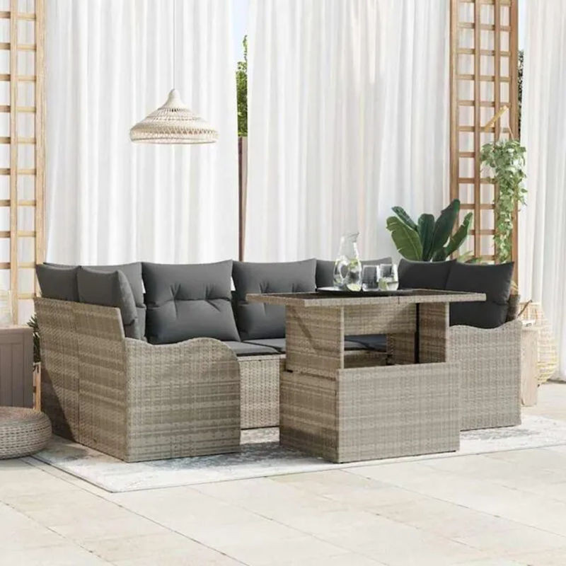 7-teiliges Garten-Sofa-Set aus Poly-Rattan mit Kissen in Hellgrau von vidaxl - Bild 1