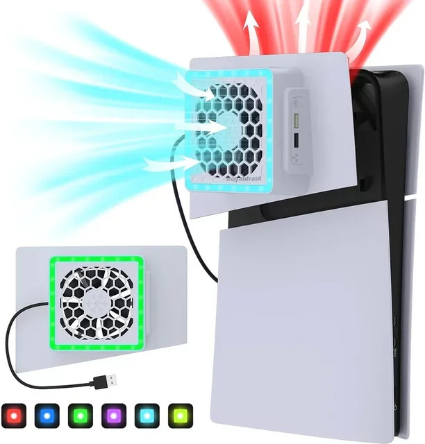Royaldraid Seitlich montierter Kühllüfter für PS5 Slim mit LED-Licht und 2 USB-Anschlüssen in Weiß - Bild 1