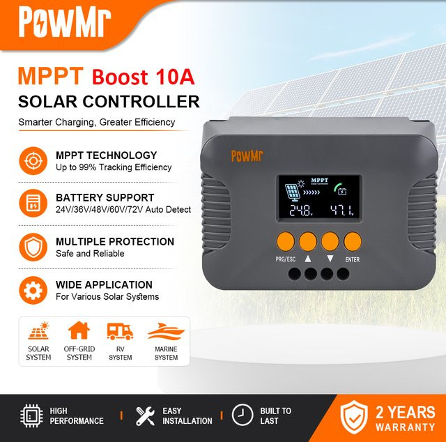 PowMr MPPT 10A Boost Solar-Laderegler in Grau für Lithium LiFePO4 und Blei-Säure-Batterien mit LCD-Display und 15-60V PV-Eingang - Bild 1