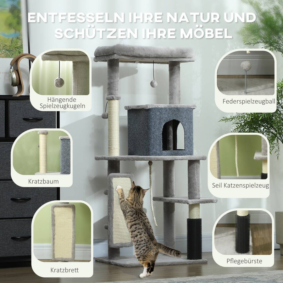 PawHut Kratzbaum Hellgrau mit Katzenhöhle und Spielball, Katzenbaum mit Sisal-Kratzsäulen, B/T/H: 44 x 55 x 132 cm - Bild 3