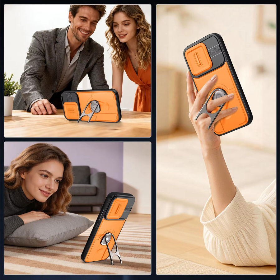 Stoßfeste Handyhülle mit 360 Grad drehbarem Ringhalter und Schiebe-Kameraschutz für Xiaomi 17T Pro und Xiaomi 15T Pro in Silver oder Orange - Bild 3