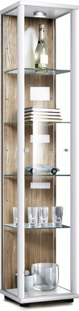K-Möbel Glasvitrine stehend mit LED-Beleuchtung und 4 höhenverstellbaren Glasböden, Weiß & Sonoma Eiche, H: 176 cm, B: 37 cm, T: 33 cm