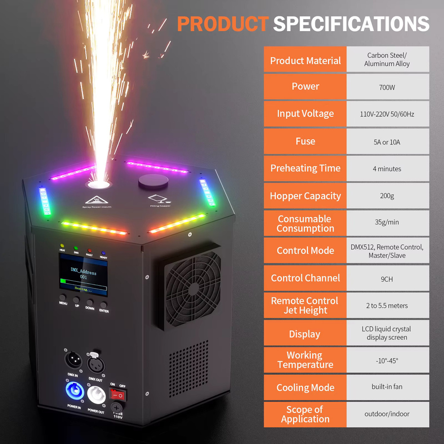 U'King RGB LED Kaltfunkenmaschine 700W mit DMX512 für Innen- und Außenbereich, Multicolour Effektmaschine in Schwarz - Bild 7