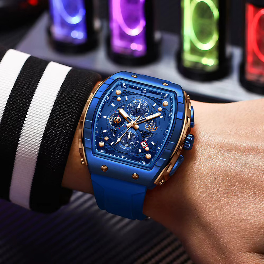 LIGE Chronograph Armbanduhr, Quarz, eckig, Silikon, Blau, Herren - Bild 3