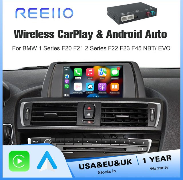 REEIIO Drahtloses CarPlay und Android Auto Interface mit MirrorLink, Airplay und Rückkamera für BMW 1er 2er F20 F21 F22 F23 F45 (2011–2020) NBT EVO, Schwarz - Bild 1
