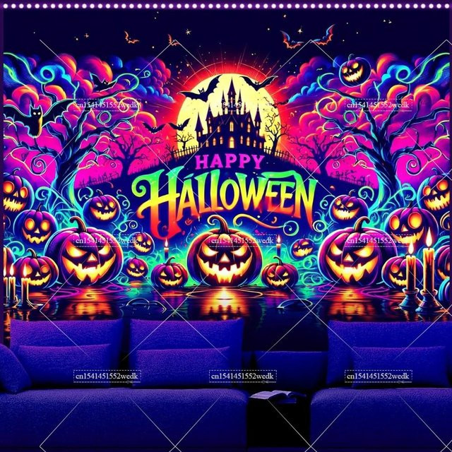 UV-reaktiver Halloween Wandteppich von Blank Tee mit Kürbislaternen und Schädeln, Schwarz und Mehrfarbig, B: 130 cm, H: 150 cm - Bild 1