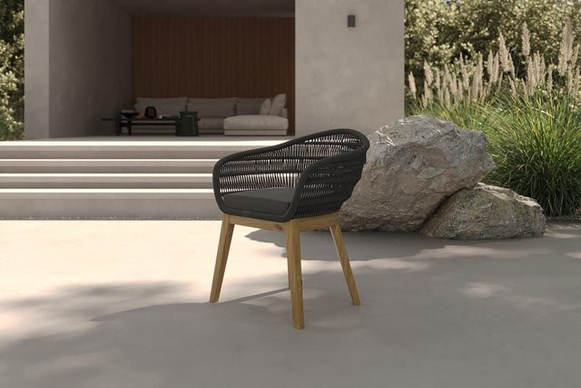 OUTFLEXX Diningsessel aus Teakholz und Rope in Schwarz/Natur mit Polstern, B/T/H: 60 x 61 x 79 cm - Bild 1