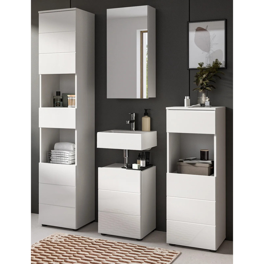 Inn.Furn Badmöbel Set Larik in Weiß Hochglanz, 4-teilig mit Spiegelschrank, Hochschrank, Kommode und Waschbeckenunterschrank, B/H: 144 x 190 cm - Bild 2