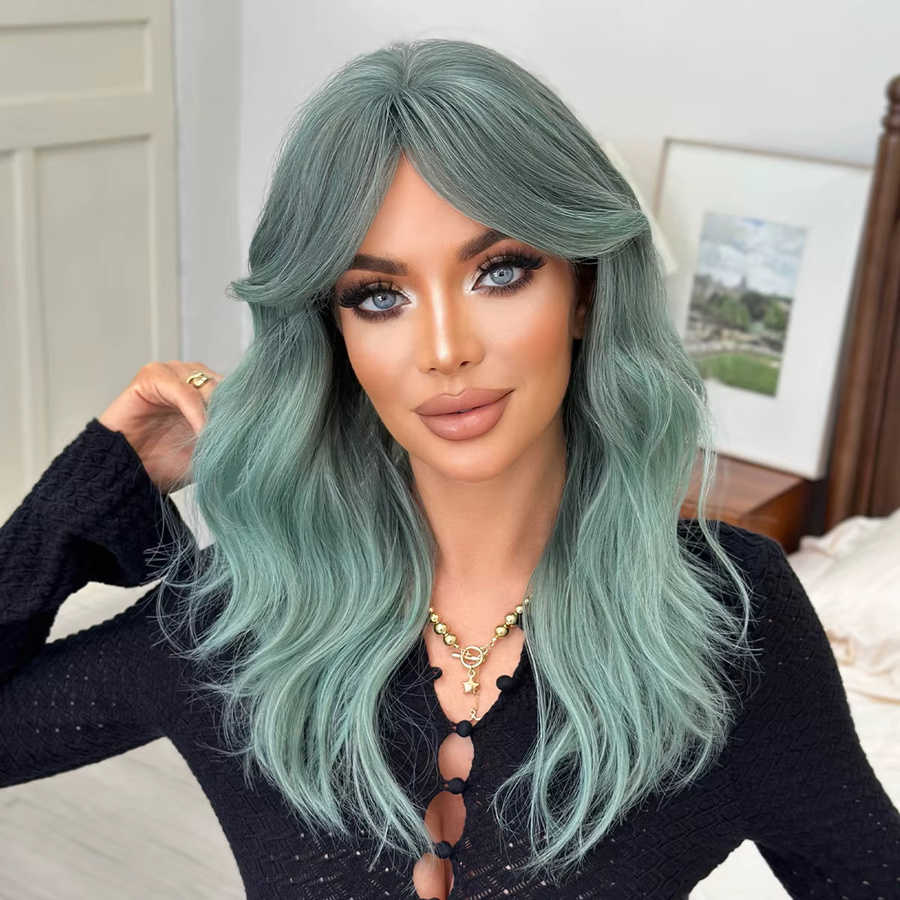7JHH WIGS Wasserwellen-Perücke, Grün, Damen, Synthetik, Mittelscheitel, Pony - Bild 2