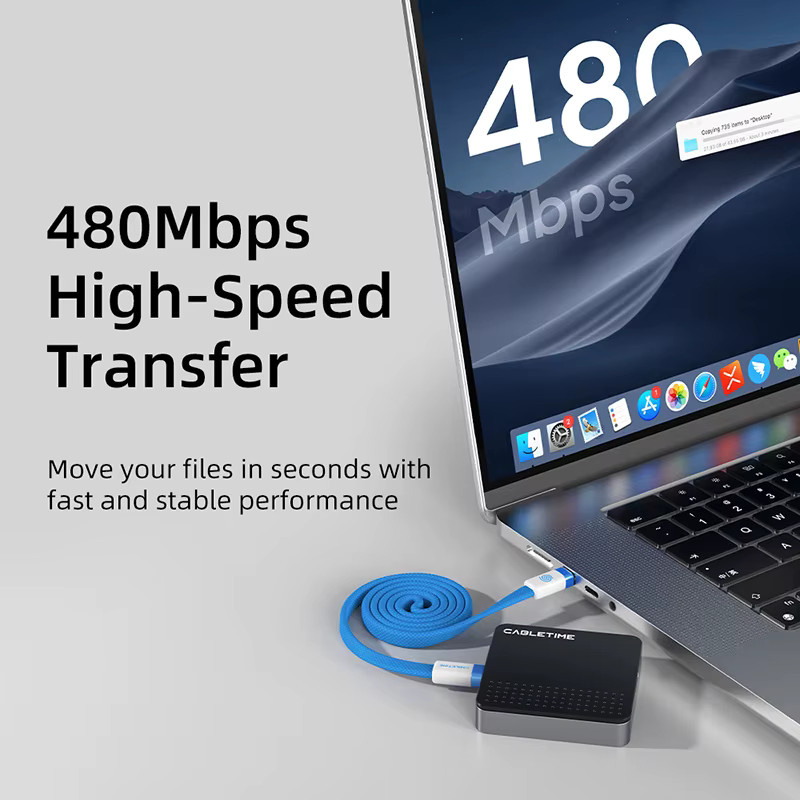CABLETIME USB-C-Flachkabel Magnetisch, Typ-C auf Typ-C, 100 W, 480 Mbit/s, Blau - Bild 3