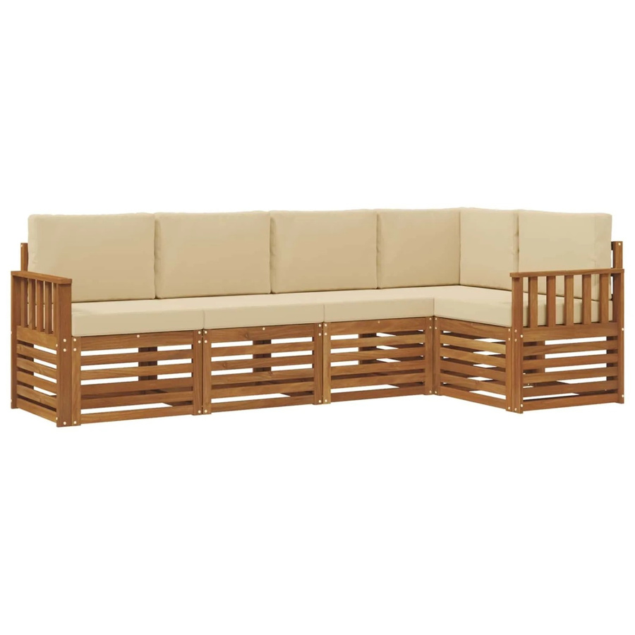 vidaXL 5-teilige Sofagarnitur L-Form aus Massivholz Akazie in Natur und Beige mit abnehmbaren Kissen - Bild 2