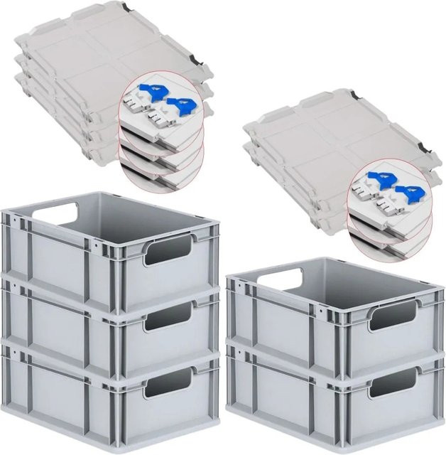 PROREGAL Spar Set 5x Eurobox Nextgen Economy mit Scharnierdeckel und blauen Schiebeschnappverschlüssen, Farbe: Blau/Grau, H x B x T: 17 x 30 x 40 cm, 16 Liter - Bild 1