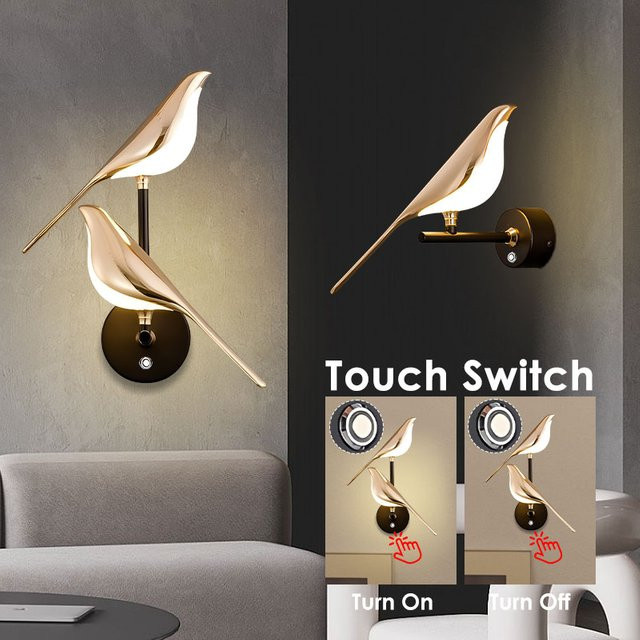 LEITELL LED Wandleuchte mit Elster-Vogel-Design, 360 Grad drehbar, Touch-Schalter, Nordic Stil für Küche und Korridor, in Gold oder Silber erhältlich - Bild 1
