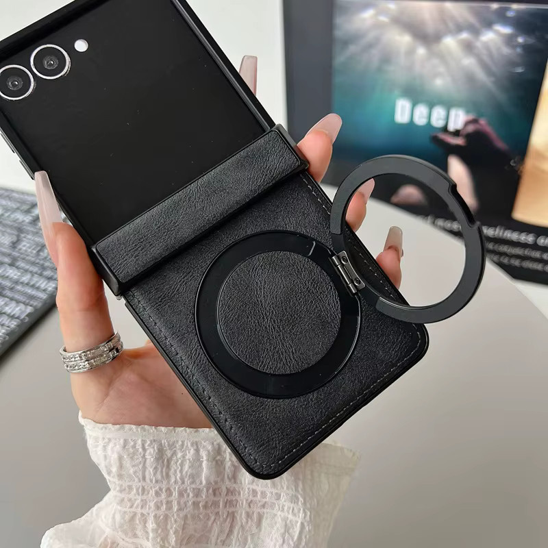Leder-Schutzhülle mit Scharnierschutz und 360 Grad drehbarem Ringständer für Samsung Galaxy Z Flip 8 7 6 5 4 3, magnetische stoßfeste Handyhülle in Weiß und Grau - Bild 3