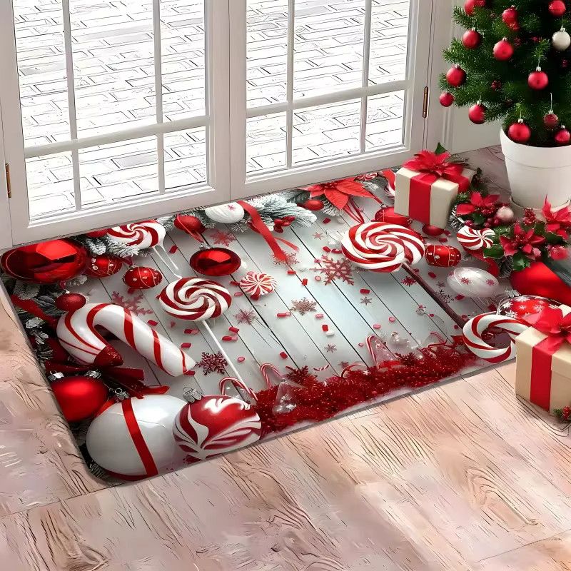 VIKAMA Weihnachtliche Fußmatte mit Motiv aus rot-weißen Süßigkeiten und Lebkuchen in Multicolor für Haustür, Küche oder Wohnzimmer - Bild 4