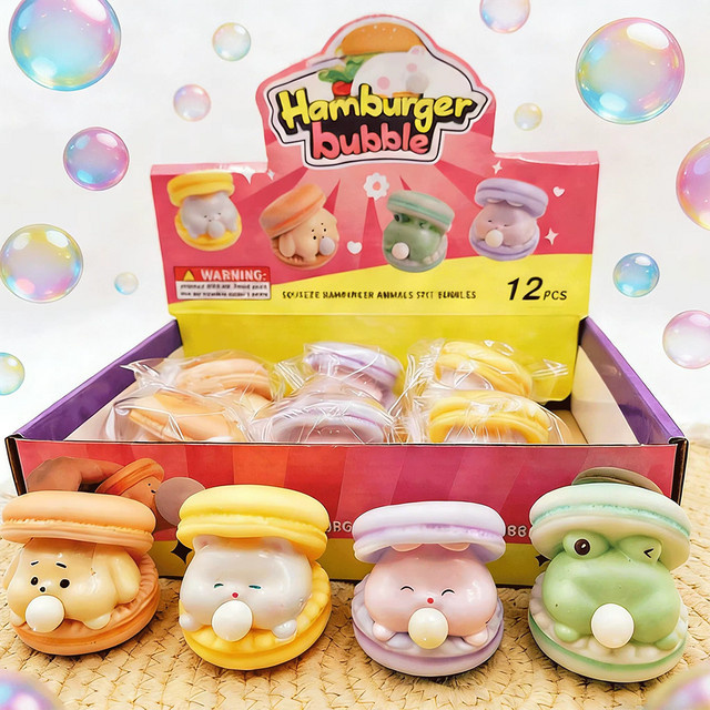 hairun Cartoon-Frosch mit blasenblasendem Macaron-Burger Squishy-Spielzeug, langsame Rückverformung, weiches Drück-Fidget-Spielzeug - Bild 1