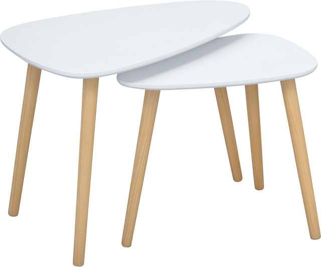 Aosom 2er Set Beistelltische im Skandi-Design mit Holzbeinen, platzsparende Satztische in Weiß und Natur - Bild 1
