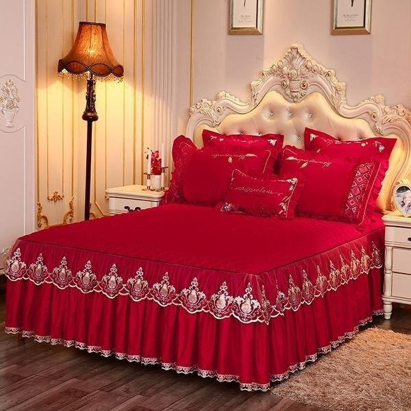 Luxus Bettwäsche-Set Prinzessin mit Spitze und gesteckter Tagesdecke von Starchao, Farbe Rot, B/T: 180 x 220 cm - Bild 1