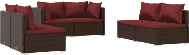 vidaXL 6-tlg Garten-Lounge-Set in L-Form aus Poly Rattan und Metall mit Kissen in Braun und Rot - Bild 1
